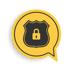 Black Shield security with lock icon isolated on white background. Protection, safety, password security. Firewall access privacy sign. Yellow speech bubble symbol. Vector.