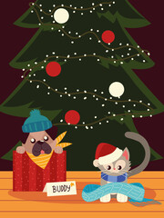 christmas cute dog and cat with scarf and tree animals