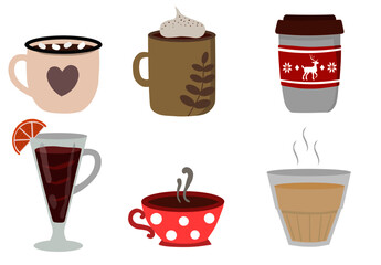 Vector collection of hot drinks. Hot chocolate, coffee, cocoa with whipped cream and marshmallows, mulled wine. Autumn and winter holidays