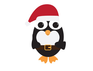 Cute Penguin wearing Red White Santa Christmas hat and Brown belt