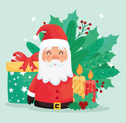 happy merry christmas santa claus with gift and candles vector illustration design