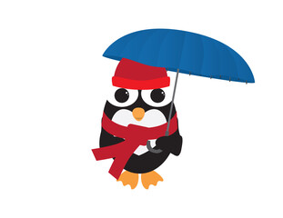 Cute Penguin wearing Red beanie hat and scarf, holding Blue umbrella