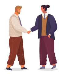 Fototapeta premium Two businessman handshake. Good deal, concept of business partnership vector cartoon style characters conclude success agreement. Men dressed formally greet each other at a meeting shake hands