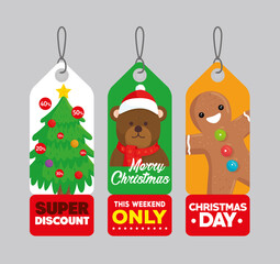 three happy merry christmas tags hanging vector illustration design