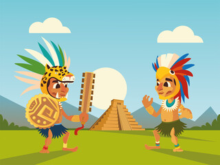 Obraz na płótnie Canvas aztec warriors in headgear shield and pyramid landscape