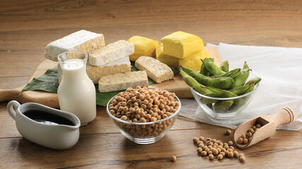 Soy Product: Raw Tofu, Tempeh, Soy Milk, Soy Sauce, and Soy Bean. Concept of Healthy Vegetarian Food