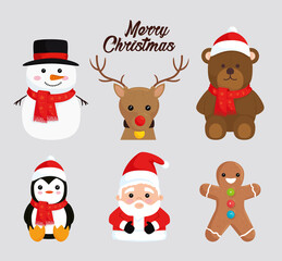 happy merry christmas lettering and set icons vector illustration design