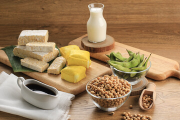 Soy Product: Raw Tofu, Tempeh, Soy Milk, Soy Sauce, and Soy Bean. Concept of Healthy Vegetarian Food