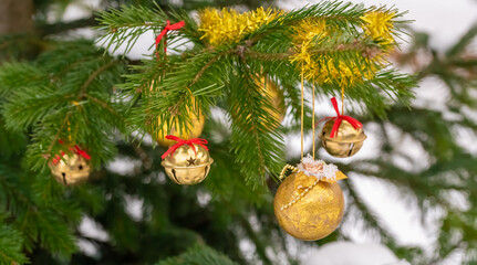Christmas balls of gold color on a spruce branch