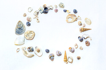 Сircle of small marine colored orange blue pink purple river shells of different sizes and shapes on white background. Design template