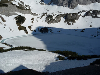 Frozen lake Drachensee in springtime, Tyrol, Austria
