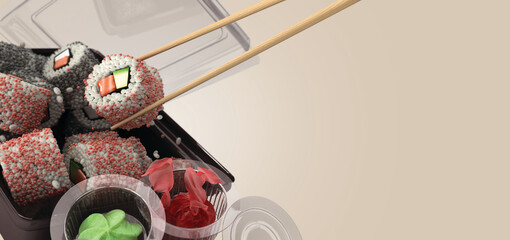 showcase product presentation rolls set on a black delivery box plate 3d render on color gradient