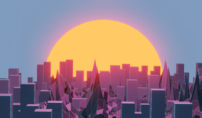 futuristic night city with skyscrapers in haze and setting sun, big city smog, 3d illustration