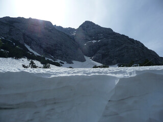 Masses of snow at Coburg hut, Mieming mountain range, Tyrol, Austria