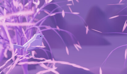 low poly polygonal bird sitting on a branch purple tree in fairy forest, 3d render