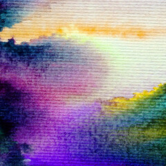 Watercolor abstract bright colorful textural background handmade . Painting of sky and clouds during sunset . Modern cosmic pattern . Shine