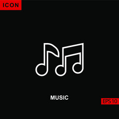 Icon music vector on black background. Illustration line, linear, outline and lineal icon for graphic, print media interfaces and web design.