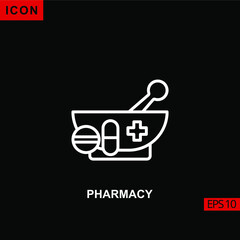 Icon pharmacy vector on black background. Illustration line, linear, outline and lineal icon for graphic, print media interfaces and web design.