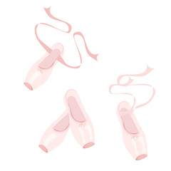 Ballet pointes shoes, with ribbon, pink. Ballerina fashion. Vector illustration, isolated