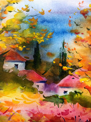 Watercolor colorful bright textured abstract background handmade . Mediterranean landscape . Painting of architecture and vegetation of the countryside made in the technique of watercolors from nature