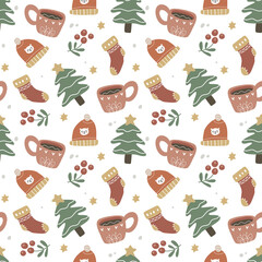 kawaii cute Christmas seamless pattern in scandinavian style. Can use for fabric etc