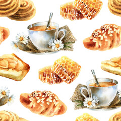 Watercolor seamless pattern with pastries, sweet honey and tea - 394700667