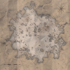 A beige pirate map of an unknown land with icons of mountains, forests, and rivers drawn on it 3D-rendering