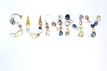 Letters Sunny of small marine colorful light seashells of different shapes on white background. Snail shells, spiral shells. Design template. Summer Concept