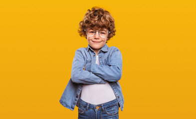 Confident schoolboy in glasses looking at camera