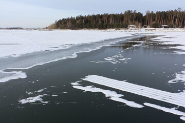 Ice formation in autumn on the Ob reservoir, Novosibirsk