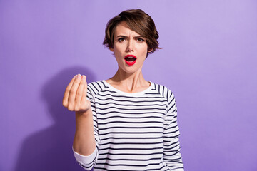 Portrait of nice-looking angry short hairdo girl yelling handful sign wear white pullover isolated over violet color background