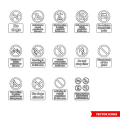 Community safety prohibitory signs icon set of outline types. Isolated vector sign symbols. Icon pack.
