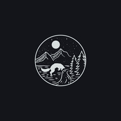vector of jumping wolf with mountain scene mono line style illustration.