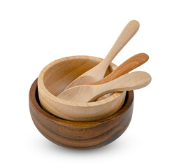 Wooden bowl and spoon isolated on white background ,include clipping path