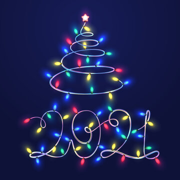 2021 Christmas lights vector template. Colorful New Year garland.