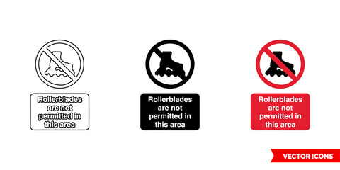 Roller blades are not permitted in this area prohibitory sign icon of 3 types color, black and white, outline. Isolated vector sign symbol.