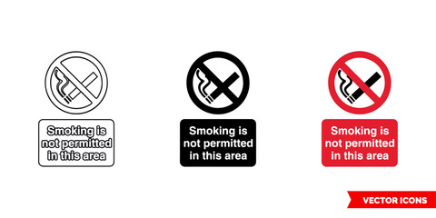 Smoking is not permitted in this area prohibitory sign icon of 3 types color, black and white, outline. Isolated vector sign symbol.