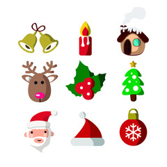 Vector image. Funny Christmas stickers. Icons of santa claus, deer, christmas ball, tree, house. Images to decorate.