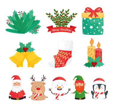 bundle of eleven happy merry christmas set icons vector illustration design