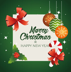 happy merry christmas lettering card with balls and sweet cane vector illustration design