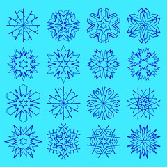 Fototapeta na wymiar Snowflake icons set with geometric shapes for Christmas ornaments for cold weather winter holiday cards