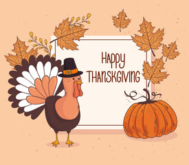 Fototapeta premium happy thanksgiving celebration lettering card with turkey pumpkin fruit vector illustration design