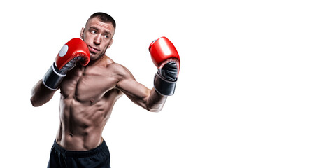 Professional boxer in red gloves exercises punches on a white background. Boxing concept. - obrazy, fototapety, plakaty