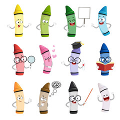 Vector illustration set of happy cartoon crayon colors mascot characters in different poses and emotions. - 394705056