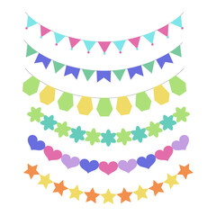 Set of multi-colored garlands. Carnival garlands in the form of flags. Festive ribbon with space for text. Festive background, bright design vector illustration.