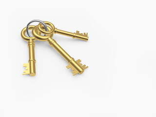 Bunch of three golden retro keys isolated on white background. 3d illustration