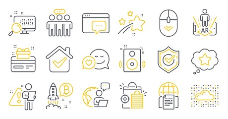 Set of Business icons, such as Cloud system, Speakers, Seo shopping symbols. Loyalty card, Scroll down, Search signs. Bitcoin project, Employees group, Seo message. Loyalty star, Confirmed. Vector