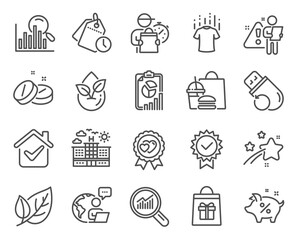 Business icons set. Included icon as Loan percent, Flash memory, Search signs. Report, Time management, Leaf symbols. Data analysis, Dry t-shirt, Holidays shopping. Certificate, Love award. Vector