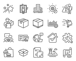 Industrial icons set. Included icon as Engineering plan, Engineering documentation, Delivery box signs. Lighthouse, Elevator, Strategy symbols. Customisation, Operational excellence. Vector