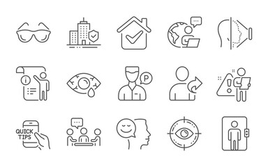 Apartment insurance, Education and Eyeglasses line icons set. Refer friend, Valet servant and Elevator signs. Good mood, Face id and Eye target symbols. Line icons set. Vector